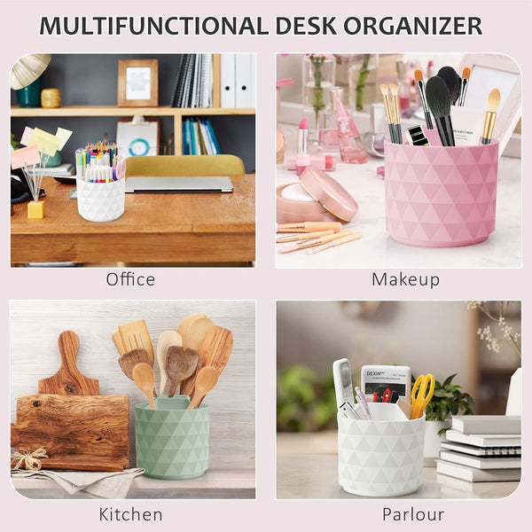 Desk Organizer, 360-Degree Rotating Pencil Pen Holders For Desk, Diamond Pattern Pen Organizer With 5 Compartments, Cute Desk Accessories Decor