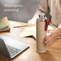 Cosumy Glass Water Bottle 25oz with Felt Sleeve - Borosilicate Glass - Leakproof Lid - BPA Free - Ideal for Work, Travel & Gym (Beige)