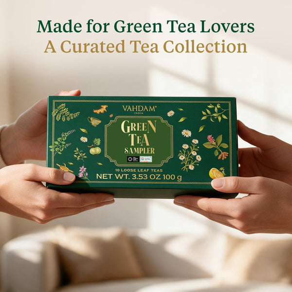 VAHDAM Green Tea Loose Leaf Sampler|10 Premium Teas in a Gift Box(50+ Cups) Green Tea Sampler - 10 Teas 10 Count (Pack of 1)