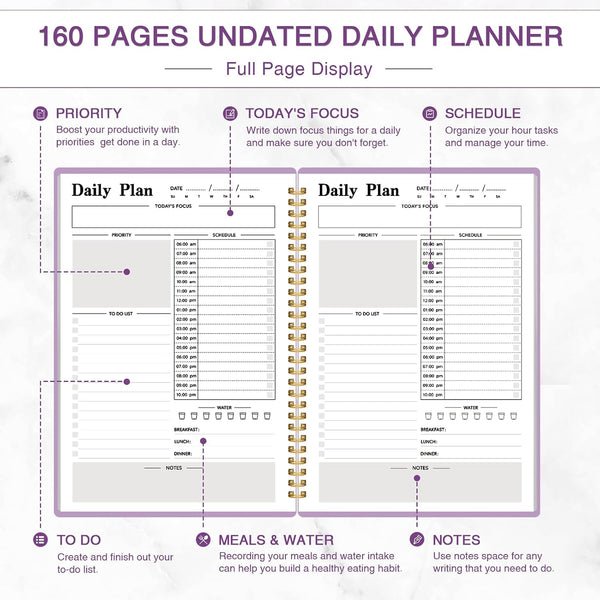 Daily Planner Undated, To-Do List Notebook with Hourly Schedule, Spiral Appointment Organizer Calendar for Man / Women, Flexible Cover, Twin-Wire