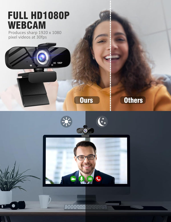 Tewiky Full HD 1080P Webcam with Microphone, Wide Angle, Rotatable Tripod, Privacy Cover