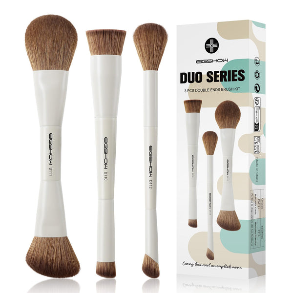 EIGSHOW Makeup Brush Set, 3Pcs Double Ended Face Makeup Brushes for Foundation Powder Contour Highlight Concealer Nose Shadow, Travel Gift Set (Beige)