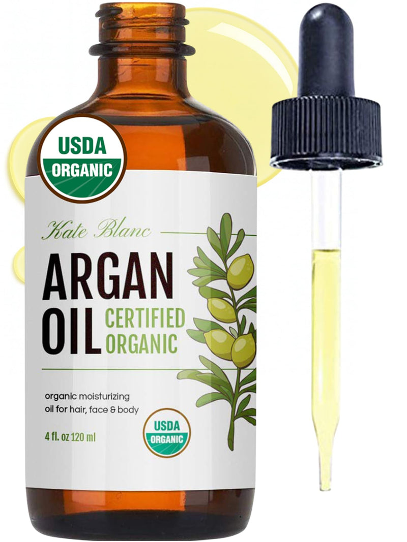 Kate Blanc Cosmetics Argan Oil for Hair, Face & Skin from Morocco (4Oz, USDA Certified Organic, Cold Pressed & 100% Pure, Light)