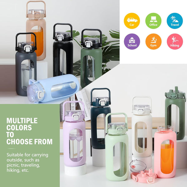 BLUEGO 64Oz Glass Water Bottles with Straw Time Marker Half Gallon Large Motivational Water Bottle with Silicone Sleeve 2 Liter Large Glass Water