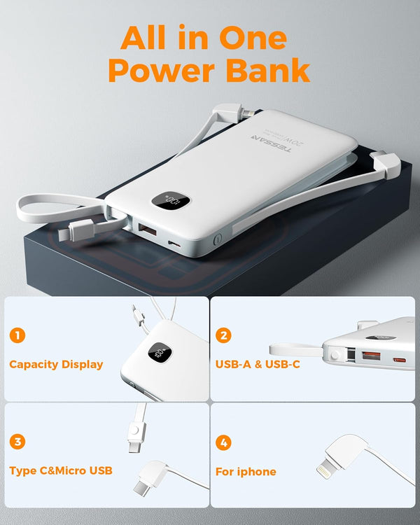TESSAN Portable Charger with Built in Cables, 10000Mah Power Bank Fast Charging with Foldable Wall Plug Charger, 20W Compact Battery Pack Travel