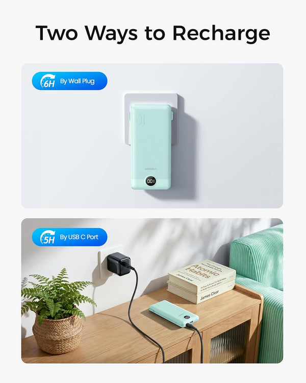 VEGER Portable Charger for Iphone with Built in Cables and Wall Plug, 10000Mah Slim Fast Charging USB C Power Bank, Travel Essential Battery Pack
