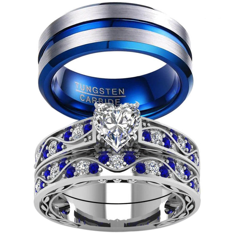 Couple Ring Bridal Sets His Hers Women 10k White Gold Filled Men Tungsten Carbide Wedding Engagement Ring Band women's size 7 & men's size 10