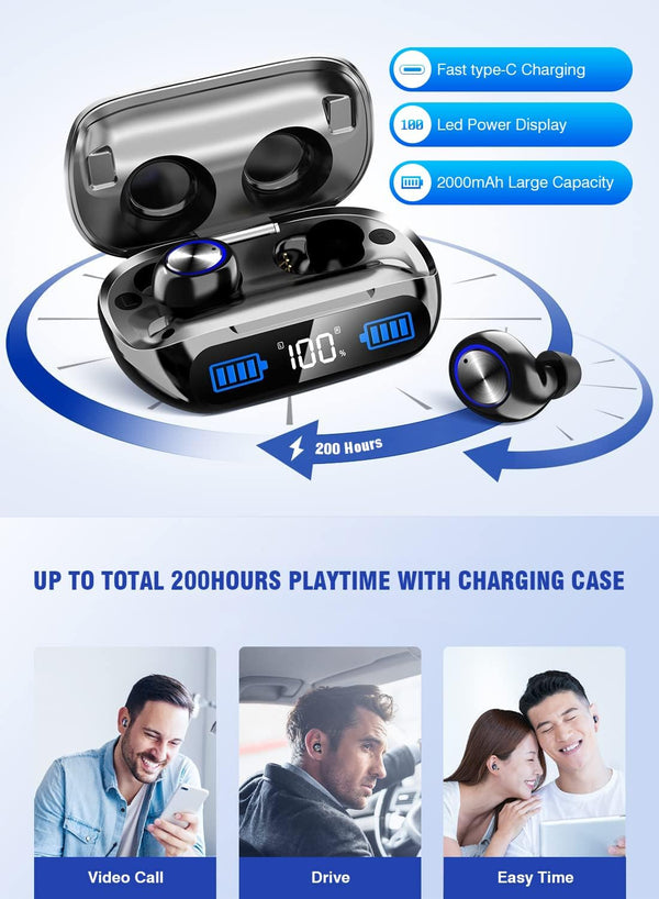 YIPUT Wireless Earbuds Bluetooth 5.3 Headphones 200 Hours Playtime with 2000Mah Charg Case,In Ear Headest Ip7Waterproof Noise Cancelling Built-In