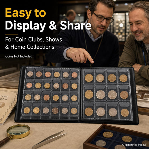 300-Pocket Coin Collection Album for Coins up to 38mm | PU Leather, 240 Small and 60 Large Pockets, Clear Anti-Drop Sleeves for Coin Collectors,