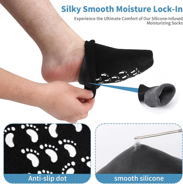11" Large Silicone Moisturizing Socks for Men - 2 Pairs Soft Foot Care Socks - Feet Moisturizing Socks for Dry Cracked Feet (Size L) 2 pairs black L