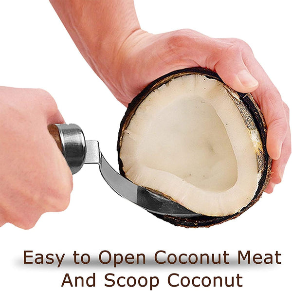 2 PCS Coconut Opener Tool Set Coconut Meat Remover Stainless Steel Coconut Opener Scraper Knife Coconut Punch Tool with Durable Non-Slip Wooden