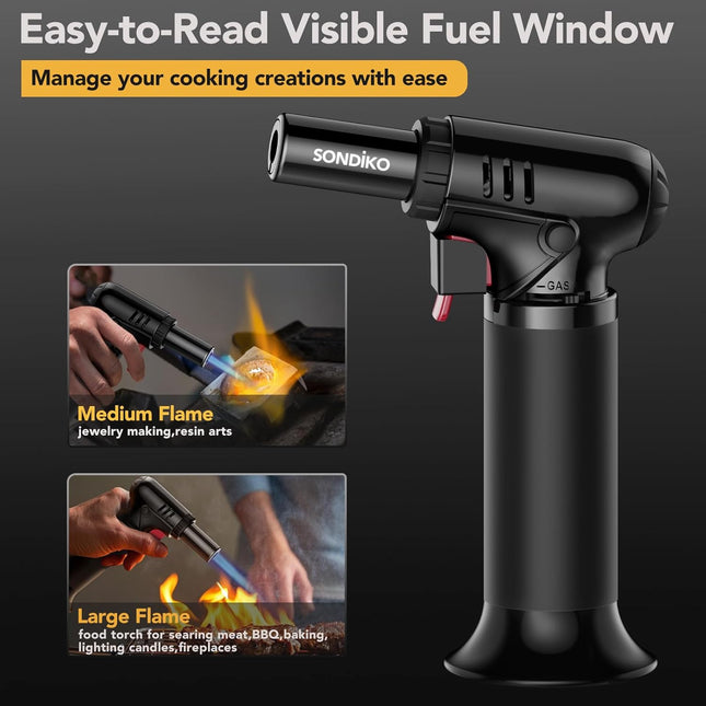 Sondiko Butane Torch, Refillable Soldering Torch with Visible Fuel Window Black