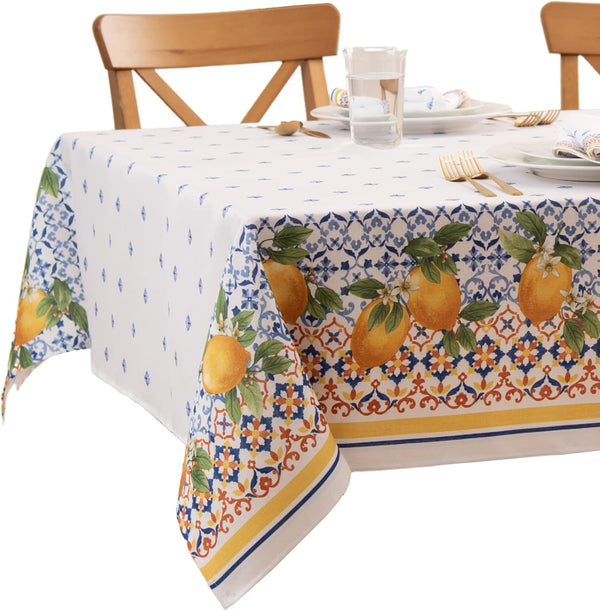 Threadmade Capri Lemon Double Border Tablecloth, Multicolor - 60" W x 84" L Multi Color 84" x 60" (Rectangular)