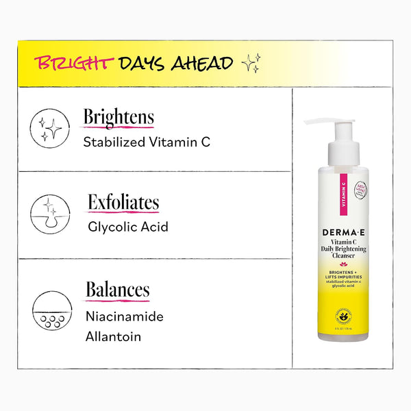 Derma E Vitamin C Daily Brightening Cleanser, 6 Fl Oz, Hydrating Cleanser to Help Even Skin Tone, Moisturizing Face Wash for a Radiant Glow
