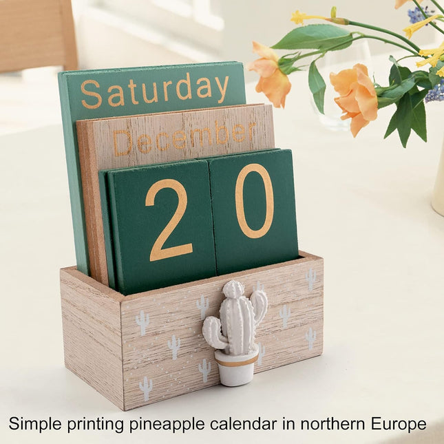 Notakia Perpetual Calendar, Wooden Calendar for Home Office Desk Accessories Vintage Wood Block Calendar(Green) Green ca