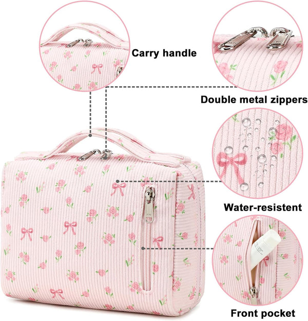 Bluboon Makeup Bag Zipper Pouch Travel Toiletry Bag Portable Cosmetic Bag Organizer for Women and Girls(Strawberry Corduroy Beige) Beige