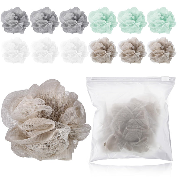 Funnymoom 12 Pcs Travel Size Loofah Individually Wrapped, Small Shower Puff Bath Sponge Pouf Ball Bulk Mesh Bath Puff Mini Loofah Sponge with Case