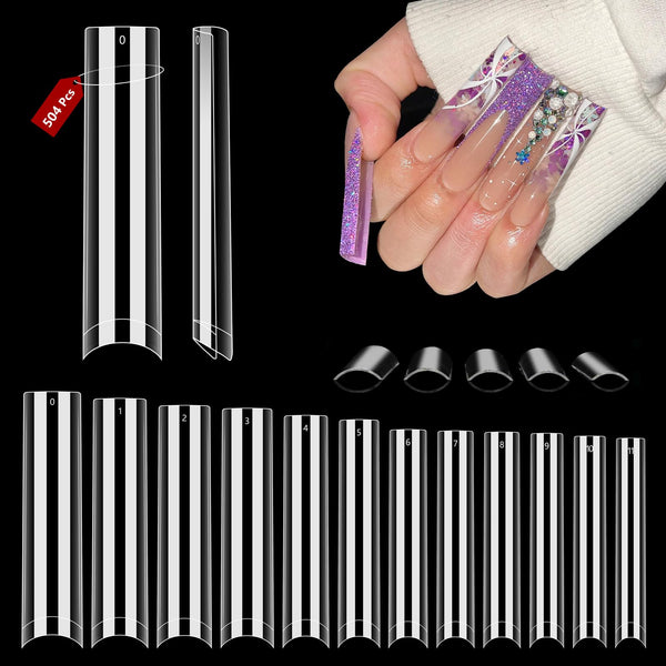 Quaferen Clear Square Nail Tips, 504PCS 3XL Long No C Curve Nail Tips, Half Cover Flat Tapered Square Straight Gel Acrylic Tips False Nails for