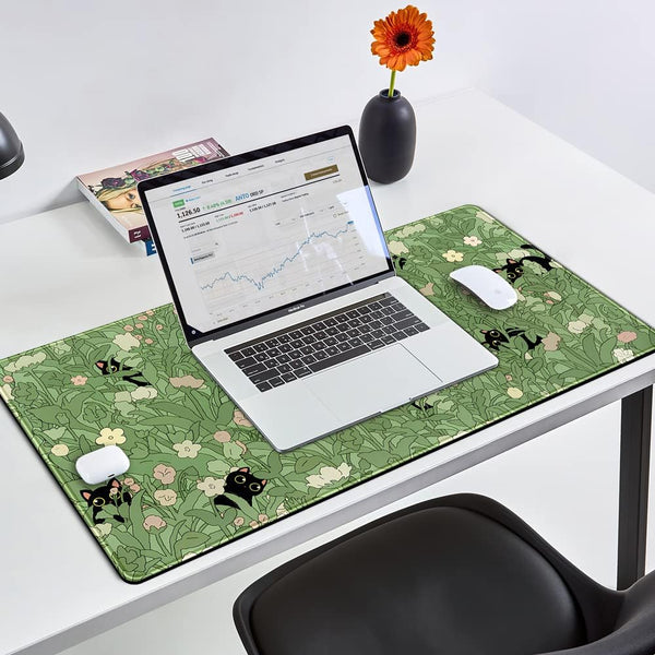 Green Desk Mat XL Cat Cute Plant Cool Desk Pad Keyboard Mat Kawaii Black Cat Flower Mouse Pad Green Desk Mat Desk Decor with Stitched Edges