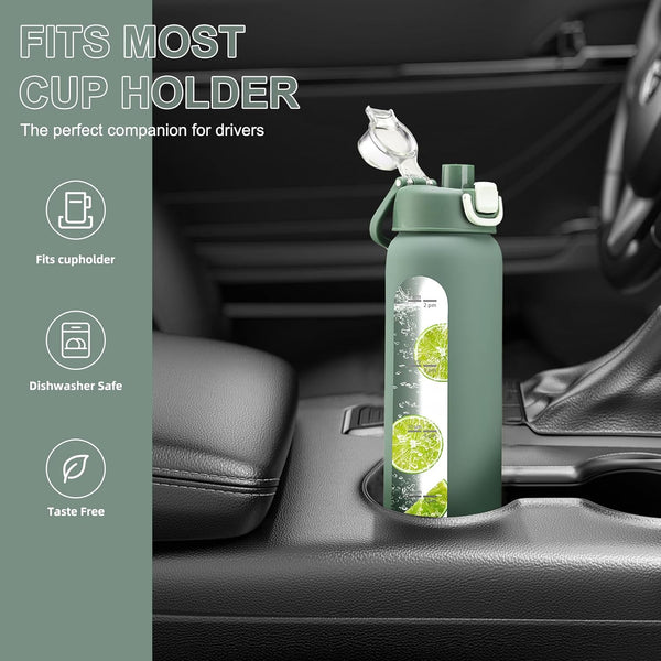 chunmo 32 oz Glass Water Bottles with 2 Lids-Handle Spout Lid & Straw Lid, 1 Liter Motivational Borosilicate Water Bottle with Time Marker and