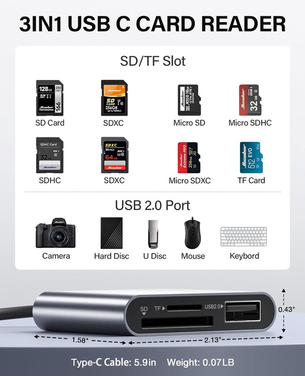 HICOBER 3-in-1 USB-C SD Card Reader, Supports 2TB SD/TF Cards with USB 2.0 Port, Compatible for USB-C Phones, Tablets, Laptops & iPhone 15,16,17,