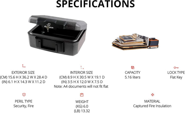 SentrySafe Fireproof Safe with Key Lock, Chest Lock Box for Home or Travel Secures Money, Documents, 0.18 Cubic Feet, 6.1 x 14.3 x 11.2 Inches,