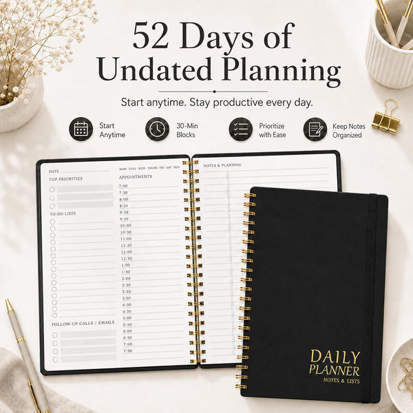 Daily Planner Undated - Simplified To Do List Notebook with Hourly Schedules, Spiral Appointment Organizer, 5.5" x 8.5", Easily Manage Your Tasks