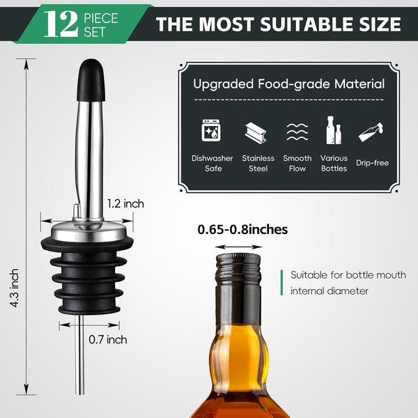 AOZITA 12 Pack Classic Bottle Pourers, Stainless Steel Liquor Pour Spouts Tapered Spout - Liquor Pourers with Rubber Dust Caps for Alcohol, Olive