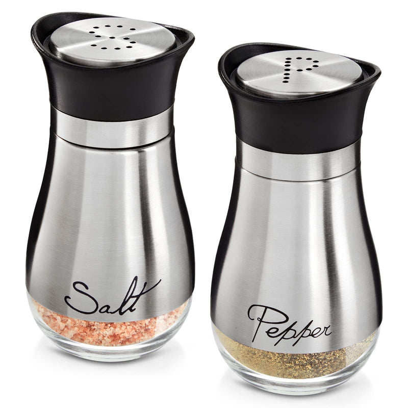 Stainless Steel Salt and Pepper Shaker Set with Glass Bottom, Perforated "S" and "P" Caps - Modern Kitchen Counter Decor (4oz) 4 Inch