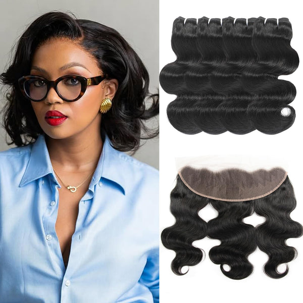 Body Wave Human Hair Bundles with Frontal (10 10 12 12+10Frontal) 12A 4 Bundles Human Hair with Closure 13X4 HD Lace Frontal 100% Unprocessed