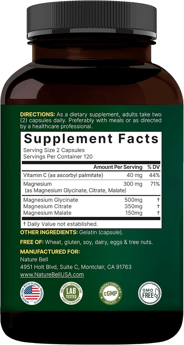 Triple Complex Magnesium Supplement, 240 Capsules | Magnesium Glycinate 500Mg with Citrate & Malate | Chelated & Purified | Bone, Heart, & Muscle