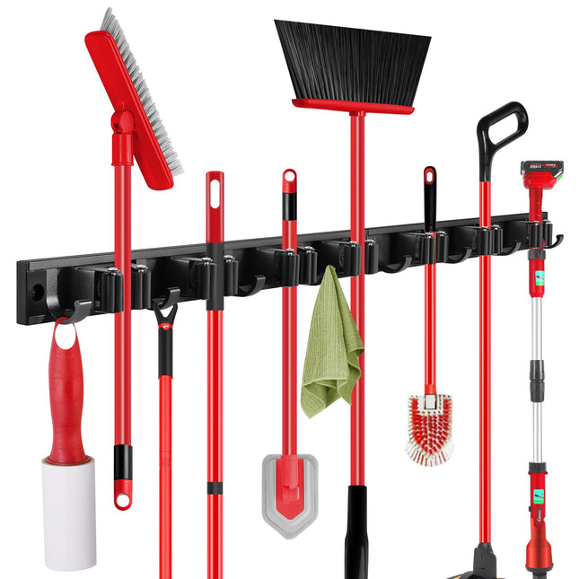 SLIIMU Movable 30'' Broom and Mop Holder Wall Mount with Sliding 7 Racks 8 Hooks, Storage Organizer Wall Hanger, Cleanin