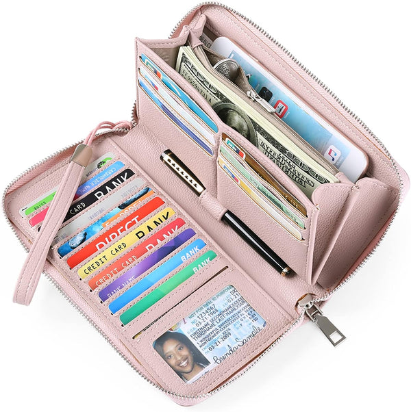 GOIACII Womens Wallet RFID Blocking Leather Zip Around Wallet Large Capacity Long Purse Credit Card Clutch Wristlet A02 Pink