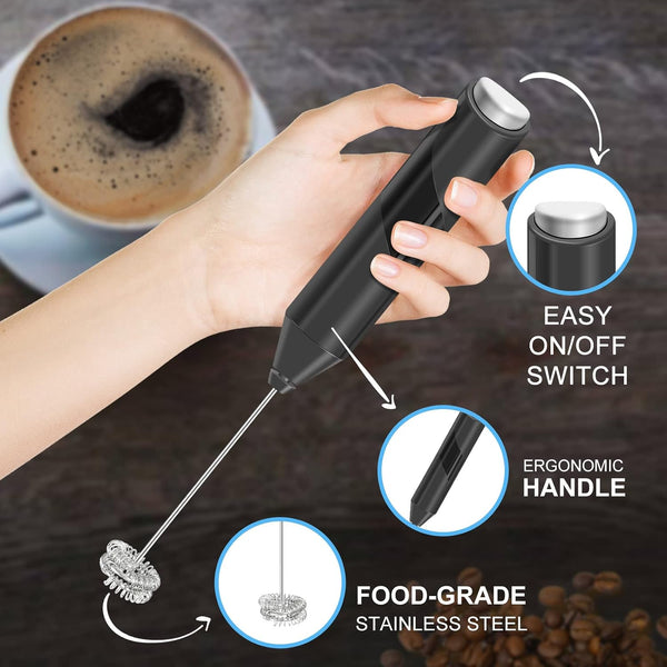 Double Whisk Milk Frother, Handheld Electric Blender stick, Drink Mixer with Food Grade Stainless Steel Stirrer, Battery Operated Foam Maker for