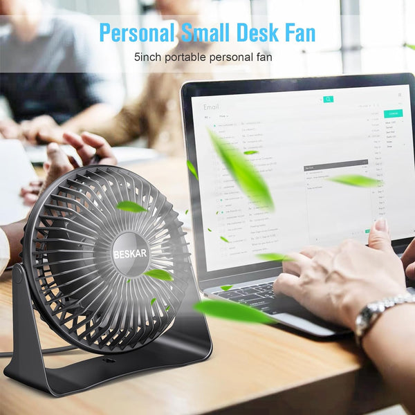 BESKAR USB Small Desk Fan, Portable Fans with 3 Speeds Strong Airflow, Quiet Operation and 360°Rotate, Personal Table Fan for Home,Office, Bedroom