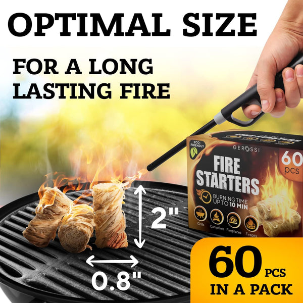 Fire Starter - Natural Pine Fire Starters for Fireplace, Campfires, Grill, Wood & Pellet Stove, Chimney, Fire Pit, BBQ, Smoker - 60 Pack W/10 Min