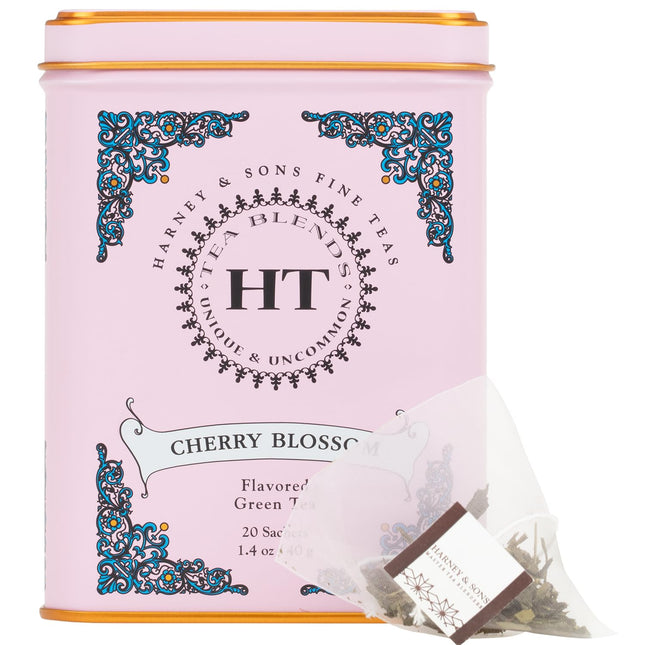 Harney & Sons Caffeinated Blossom Green Tea Tin Sachets Pink 31629, Cherry, 20 C