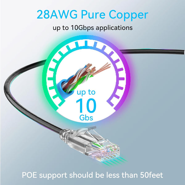 Cat6A Ethernet Cable Slim 150Ft Outdoor&Indoor, 28AWG Pure Copper Cat6 Internet Cable for Waterproof & Direct Burial, Flexible Cat6 Ethernet Cable