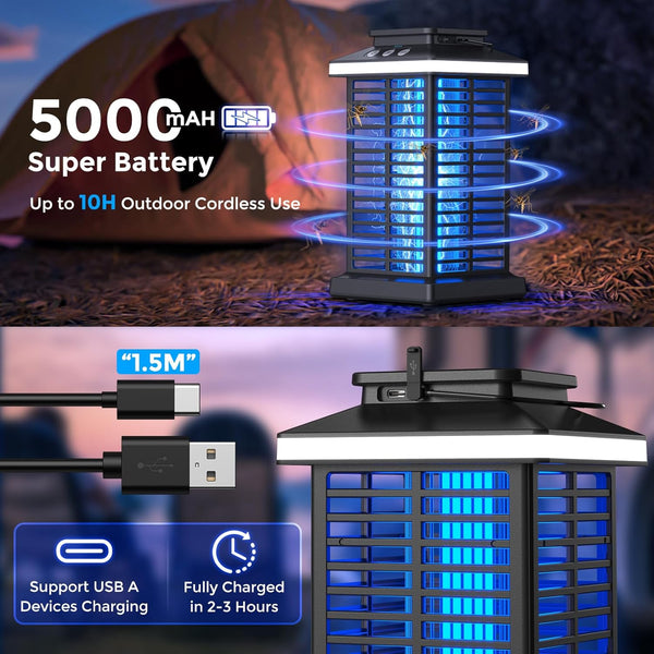 Bug Zapper Outdoor, 2025 Upgraded Mosquito Zapper 2 in 1 Rechargeable Bug Zapper Outdoor with 5000Mah Battery & LED Night Light, 4000V Electric