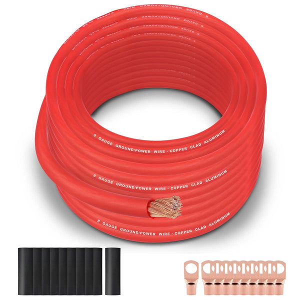 8 Gauge Wire (50FT Red) SGANGCAR True Spec Power Ground Wire Cable with 10 Lugs, 10 Heat Shrink Wrap,Copper Clad Aluminum CCA,for