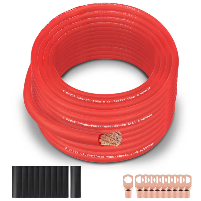 8 Gauge Wire (50FT Black) SGANGCAR True Spec Power Ground Wire Cable with 10 Lugs, 10 Heat Shrink Wrap,Copper Clad Alumi