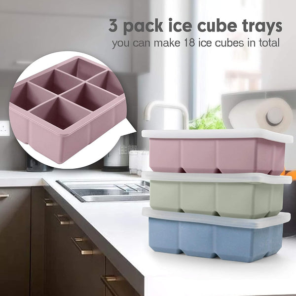 Excnorm Silicone Ice Cube Trays 3 Pack - Large Size Silicone Ice Cube Molds with Leak Proof Removable Lid Square Ice Cube Tray And BPA Free for