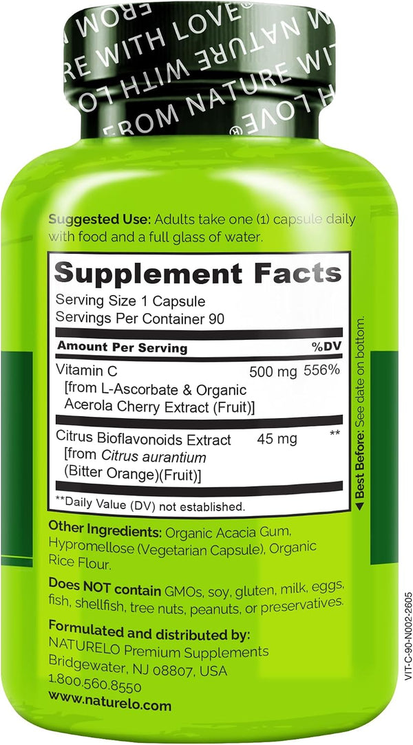 NATURELO Vitamin C with Organic Acerola Cherry Extract and Citrus Bioflavonoids - Vegan Supplement - Immune Support - 500 Mg VIT C per Cap -