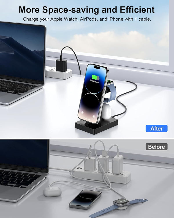 Charging Station for Multiple Devices - ADADPU 3 in 1 Charger Stand for Apple Watch Series 8/7/6/5/4/3/2/SE Phone Charging Dock for Airpods Iphone