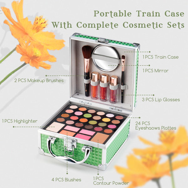 Color Nymph Beginner Makeup Kit for Teens with the Small Cosmetic Train Case Included 24-Colors Eyeshadow Palette Blushes Bronzer Highlighter