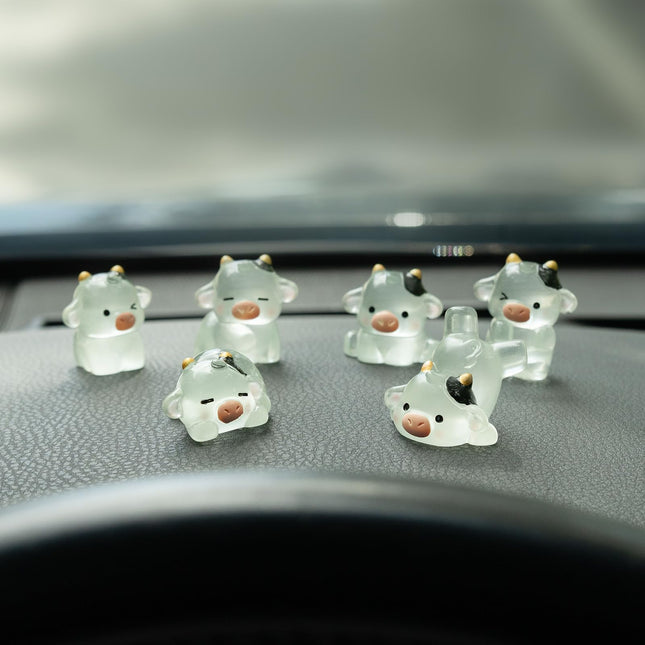 Luminous Cow Car Dashboard Decor, 6PCS Cute Cow Dash Decorations, Rear View Mirr