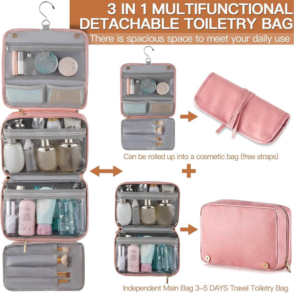 Elviros Hanging Travel Toiletry Bag for Women, 3-in-1 Large Makeup Bag and Cosmetic Organizer, Vegan Leather Waterproof Skincare Case for Travel