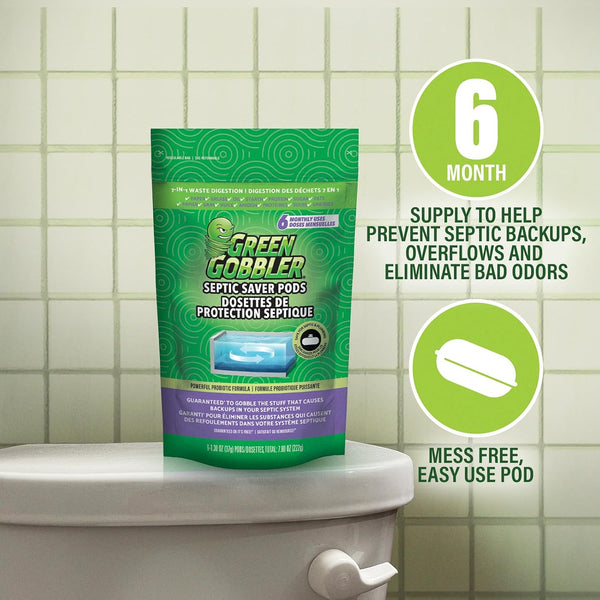 Green Gobbler Septic Tank Enzyme Treatment Packets, 6 Month Supply - Powerful & Natural Bacteria to Prevent Costly Septic Issues, Back-Ups 6 Pods