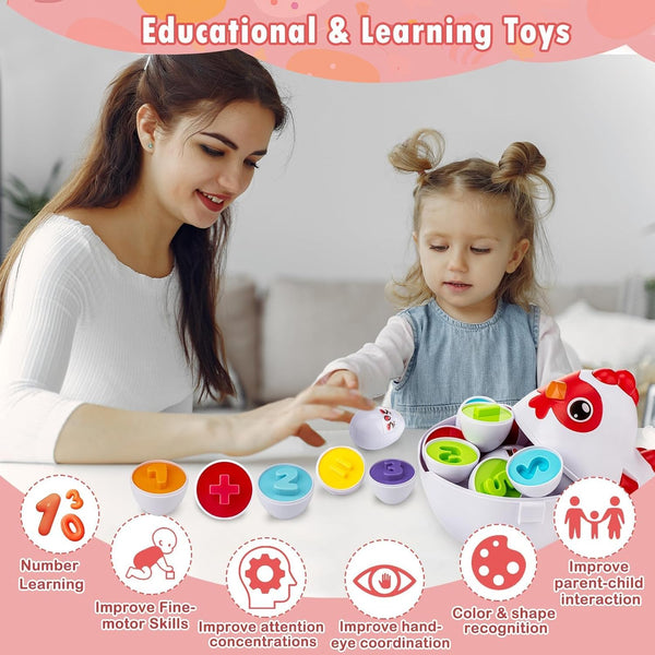 Easter Egg Matching Game, 24-Piece Easter Basket Stuffers for Kids, Color Shape Number Recognition Educational Toddler Toys, Chicken Storage Box