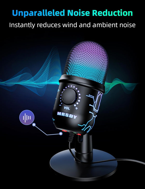 Gaming Microphone, USB Computer Microphone for PC, Mac, PS4/5, Condenser Podcast Mic for Studio Recording, Youtube, Streaming, with Headphone